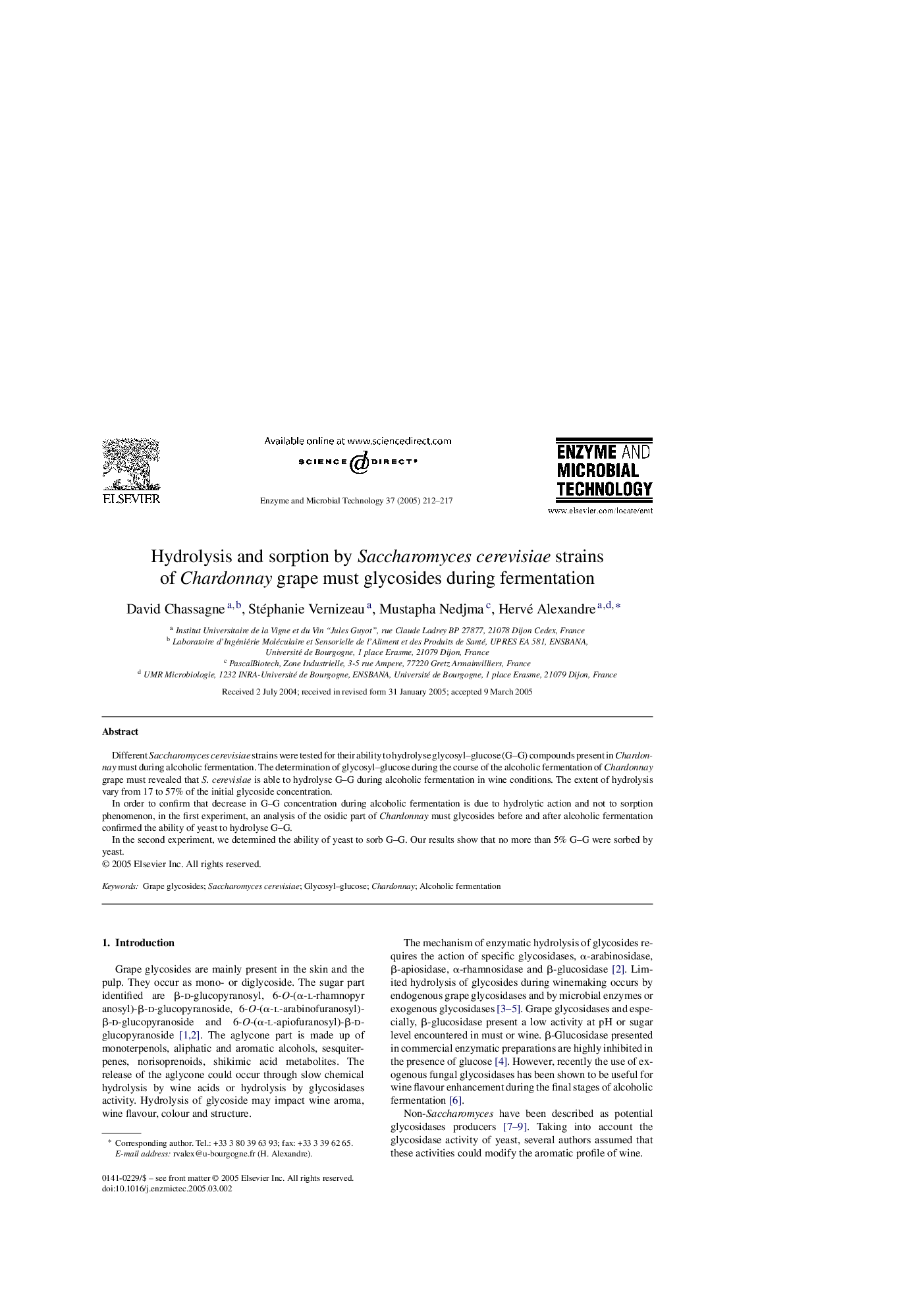 عکس صفحه اول مقاله: Hydrolysis and sorption by Saccharomyces cerevisiae strains of Chardonnay grape must glycosides during fermentation Hydrolysis and sorption by Saccharomyces cerevisiae strains of Chardonnay grape must glycosides during fermentation