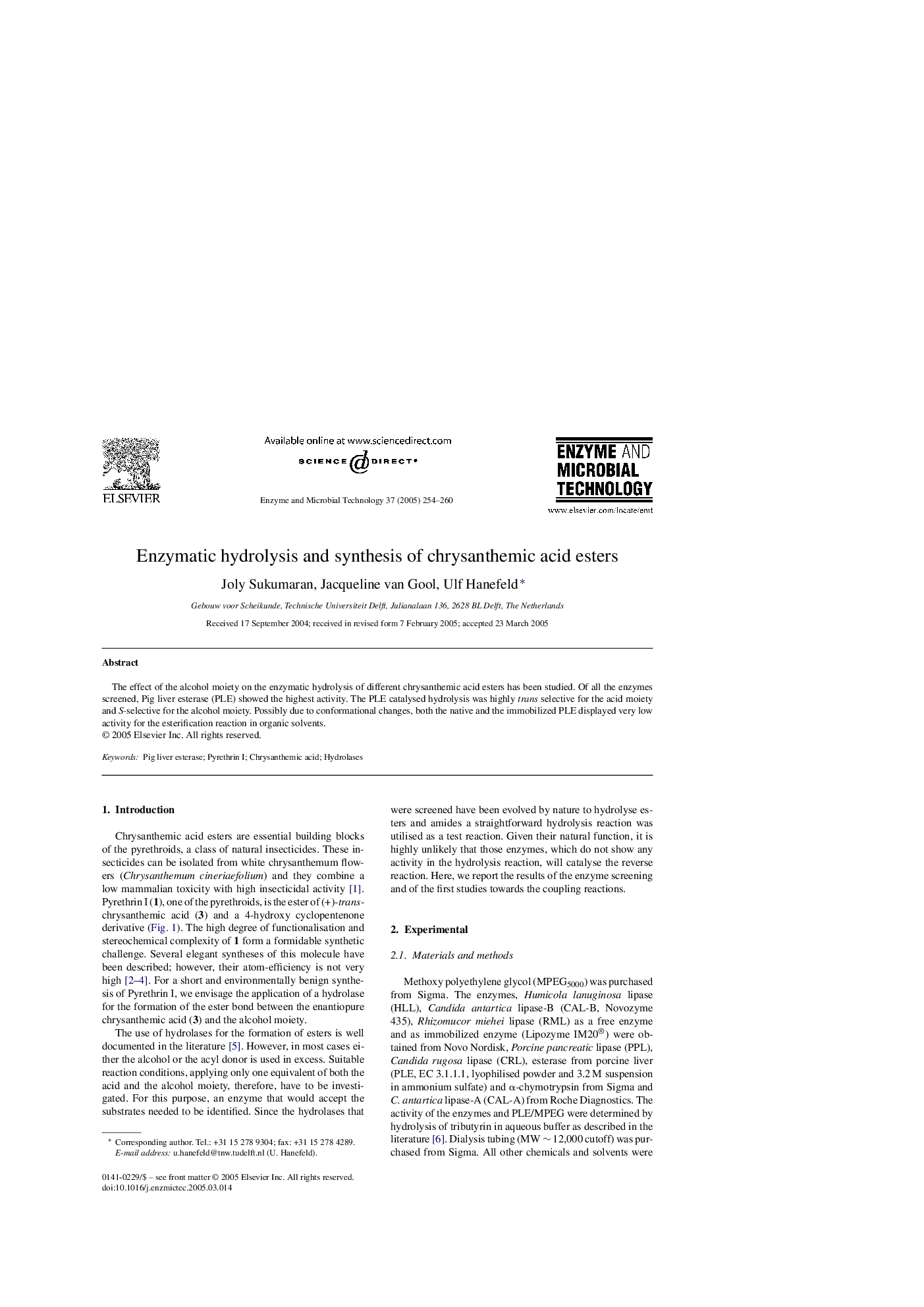 Enzymatic hydrolysis and synthesis of chrysanthemic acid esters