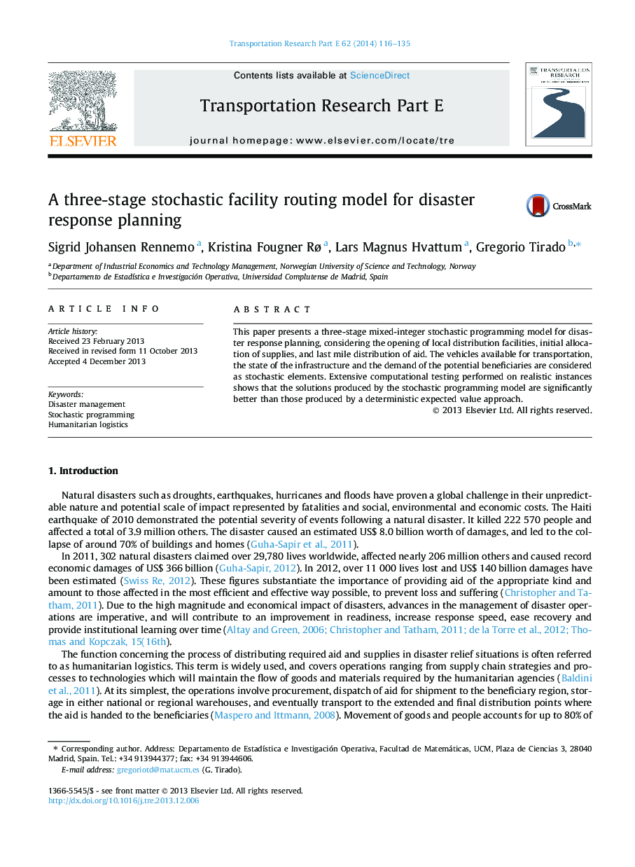 A three-stage stochastic facility routing model for disaster response planning
