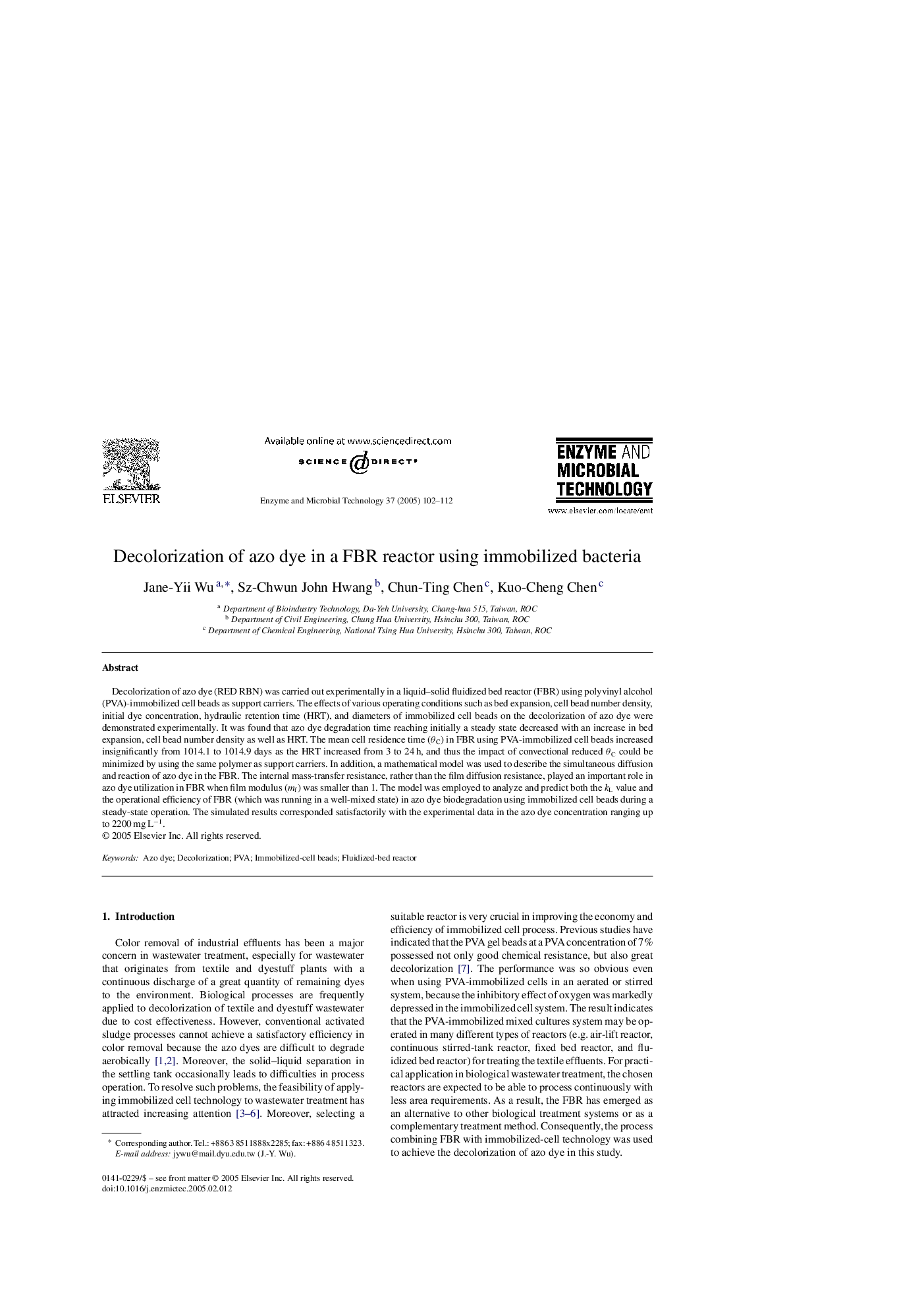 Decolorization of azo dye in a FBR reactor using immobilized bacteria