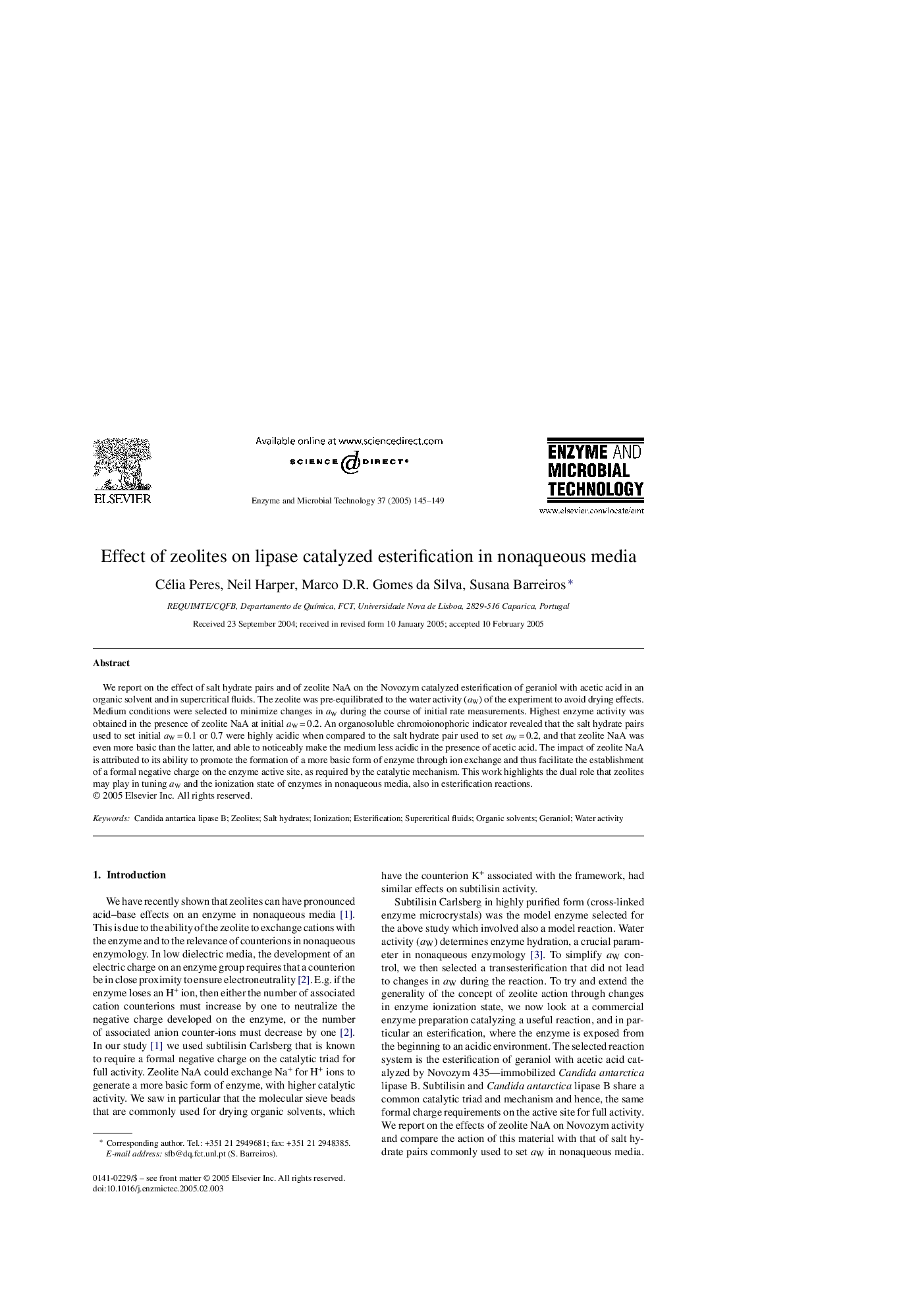 Effect of zeolites on lipase catalyzed esterification in nonaqueous media