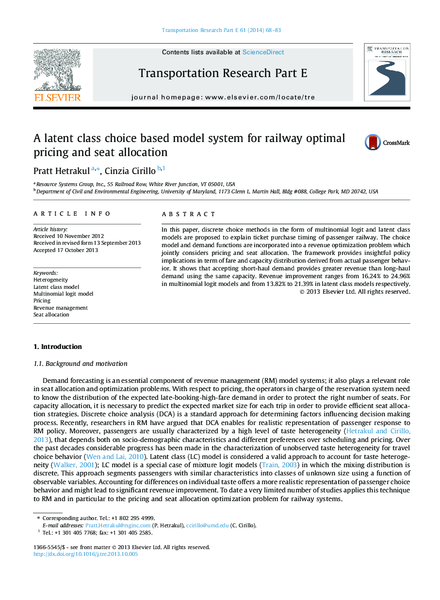 A latent class choice based model system for railway optimal pricing and seat allocation