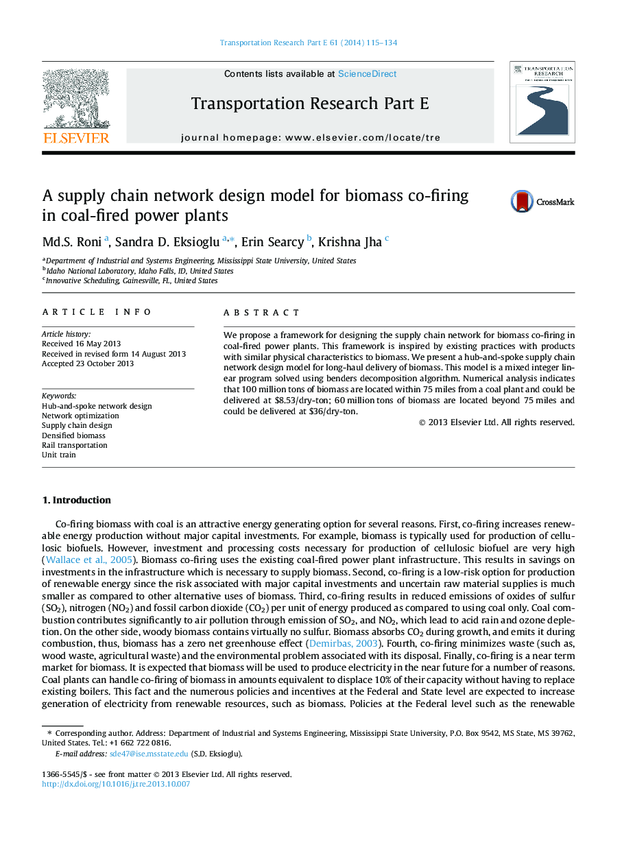 A supply chain network design model for biomass co-firing in coal-fired power plants
