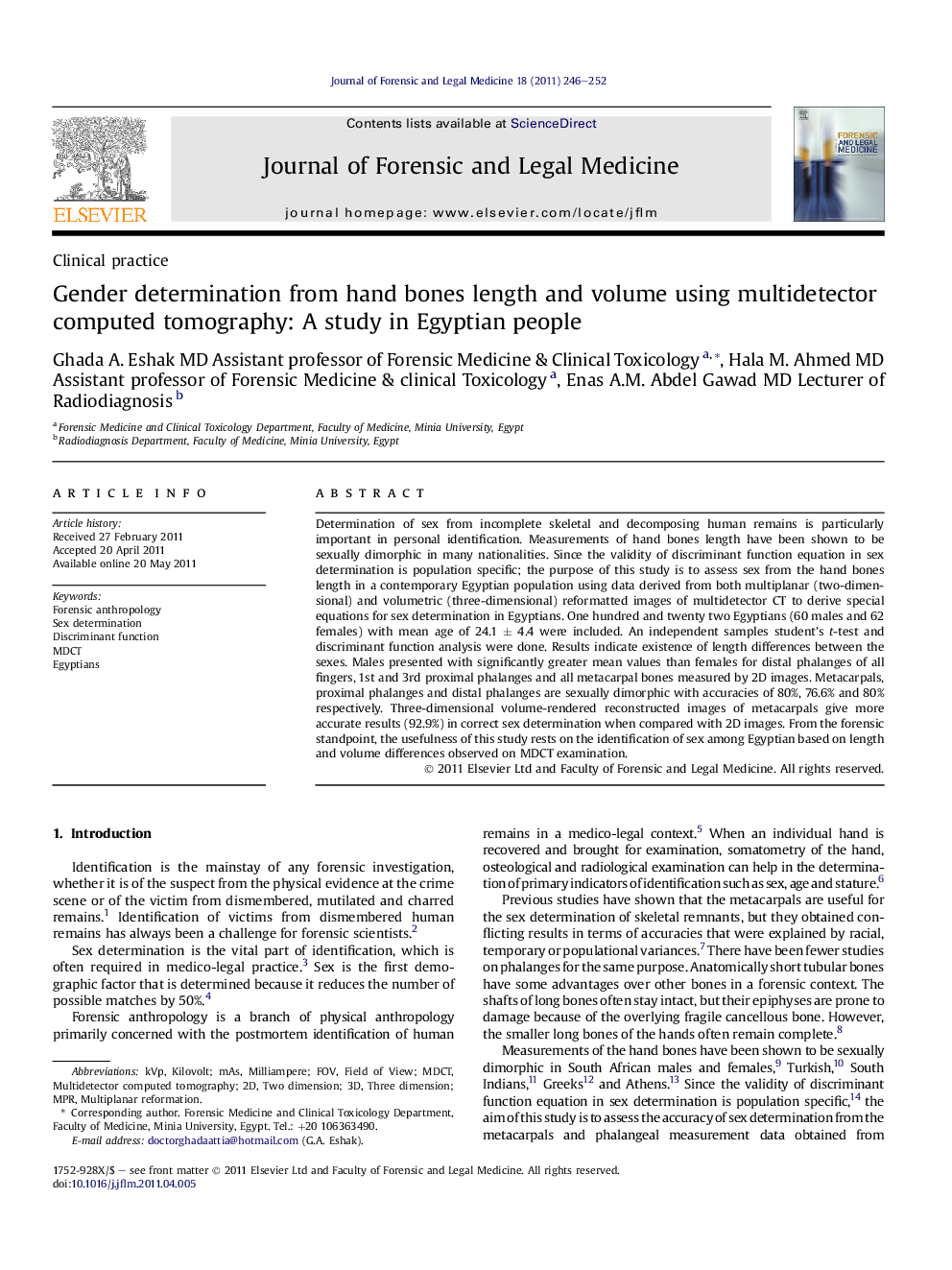 Gender determination from hand bones length and volume using multidetector computed tomography: A study in Egyptian people