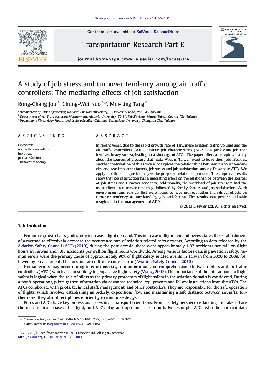 A study of job stress and turnover tendency among air traffic controllers: The mediating effects of job satisfaction