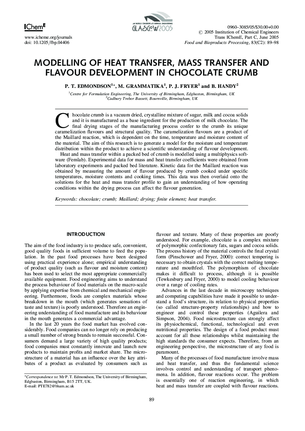 Modelling of Heat Transfer, Mass Transfer and Flavour Development in Chocolate Crumb