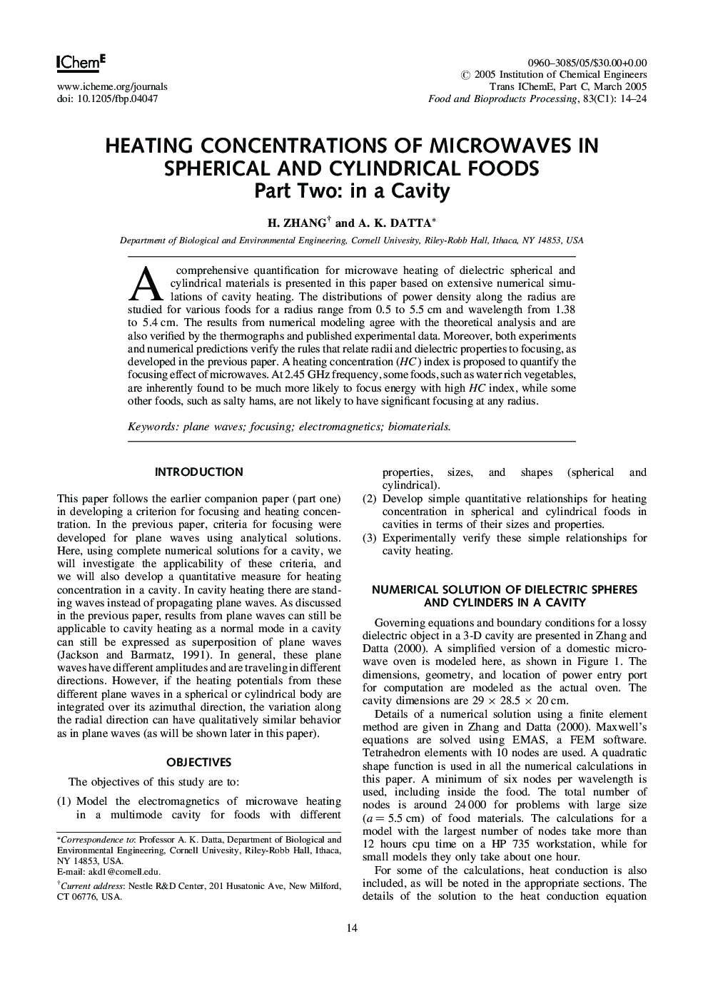 عکس صفحه اول مقاله: Heating Concentrations of Microwaves in Spherical and Cylindrical Foods Heating Concentrations of Microwaves in Spherical and Cylindrical Foods