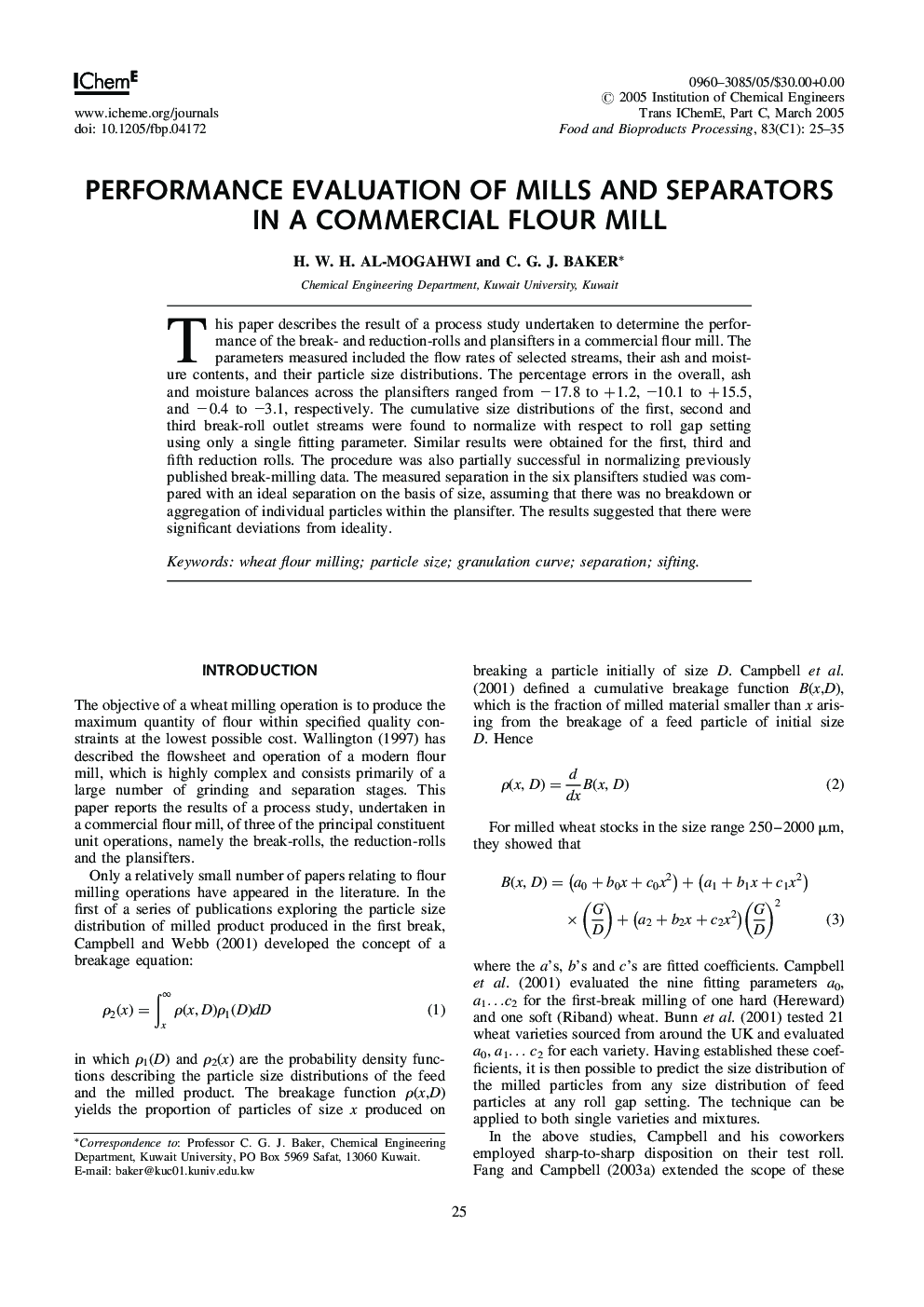 Performance Evaluation of Mills and Separators in a Commercial Flour Mill