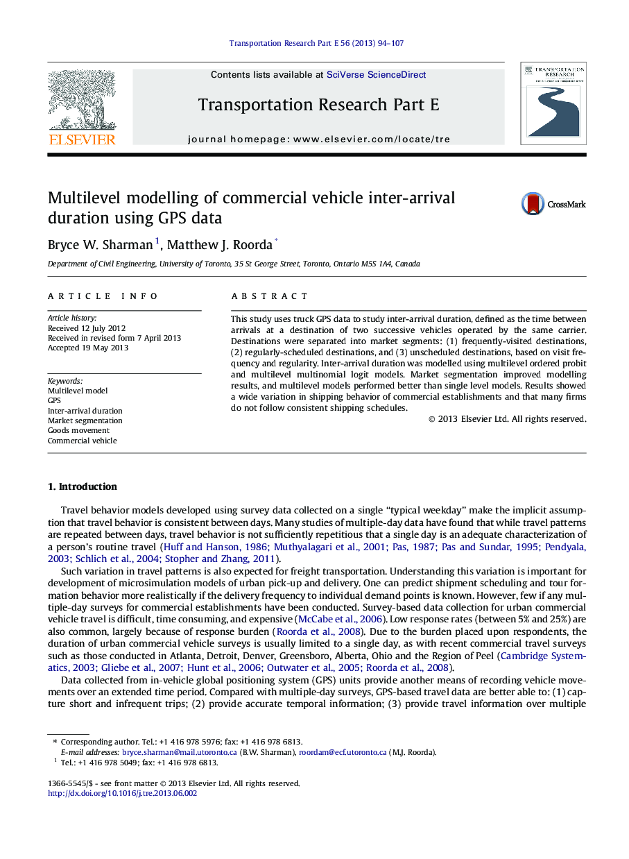 Multilevel modelling of commercial vehicle inter-arrival duration using GPS data
