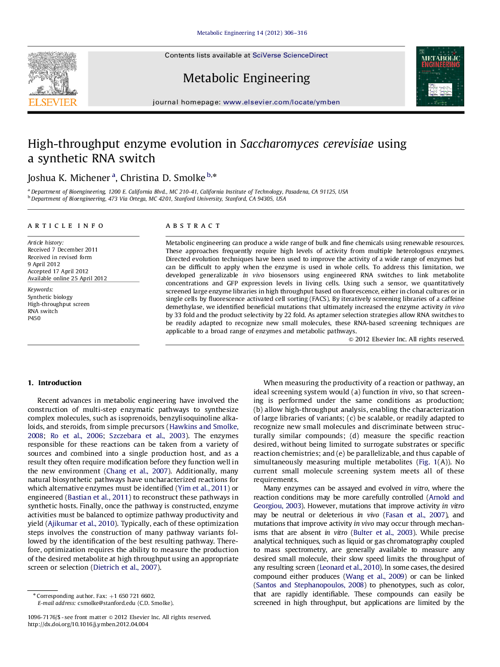 High-throughput enzyme evolution in Saccharomyces cerevisiae using a synthetic RNA switch