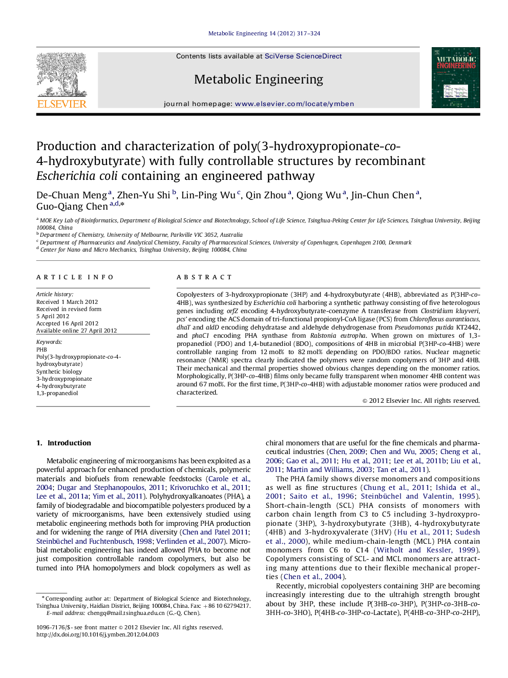 Production and characterization of poly(3-hydroxypropionate-co-4-hydroxybutyrate) with fully controllable structures by recombinant Escherichia coli containing an engineered pathway