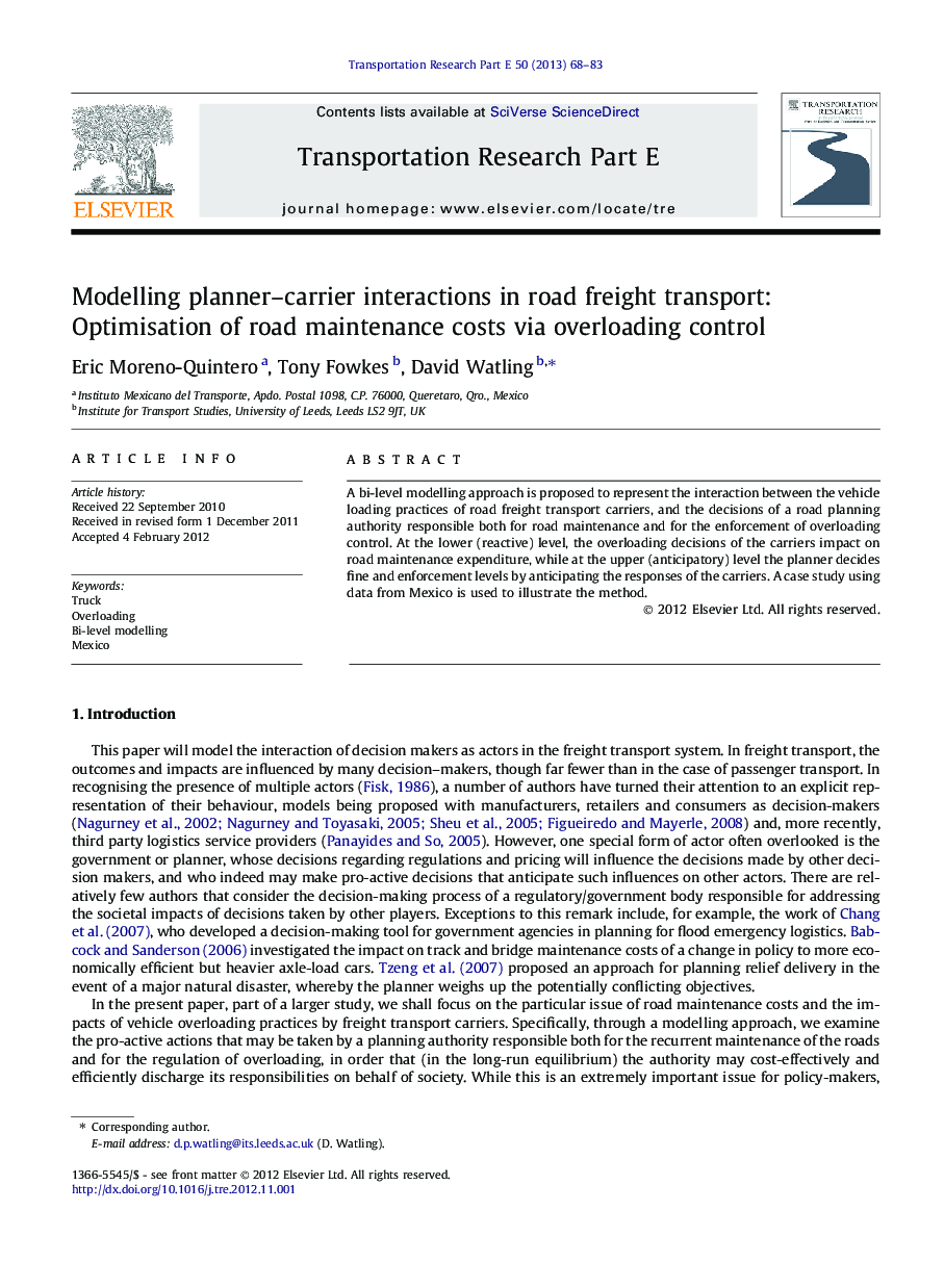 Modelling planner–carrier interactions in road freight transport: Optimisation of road maintenance costs via overloading control