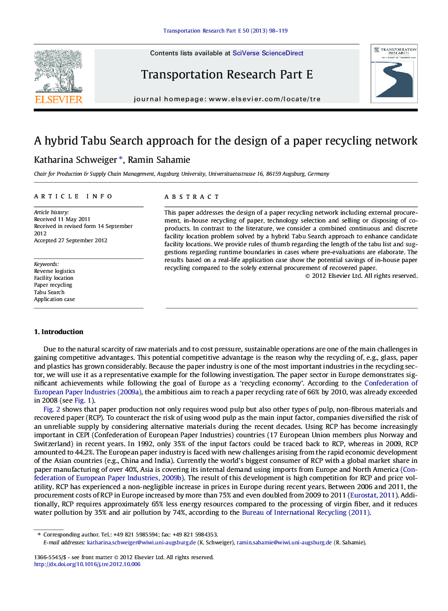 A hybrid Tabu Search approach for the design of a paper recycling network