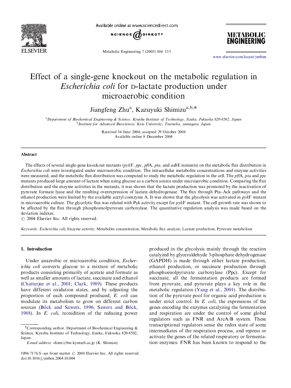 Effect of a single-gene knockout on the metabolic regulation in Escherichia coli for D-lactate production under microaerobic condition