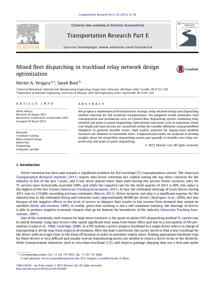 Mixed fleet dispatching in truckload relay network design optimization