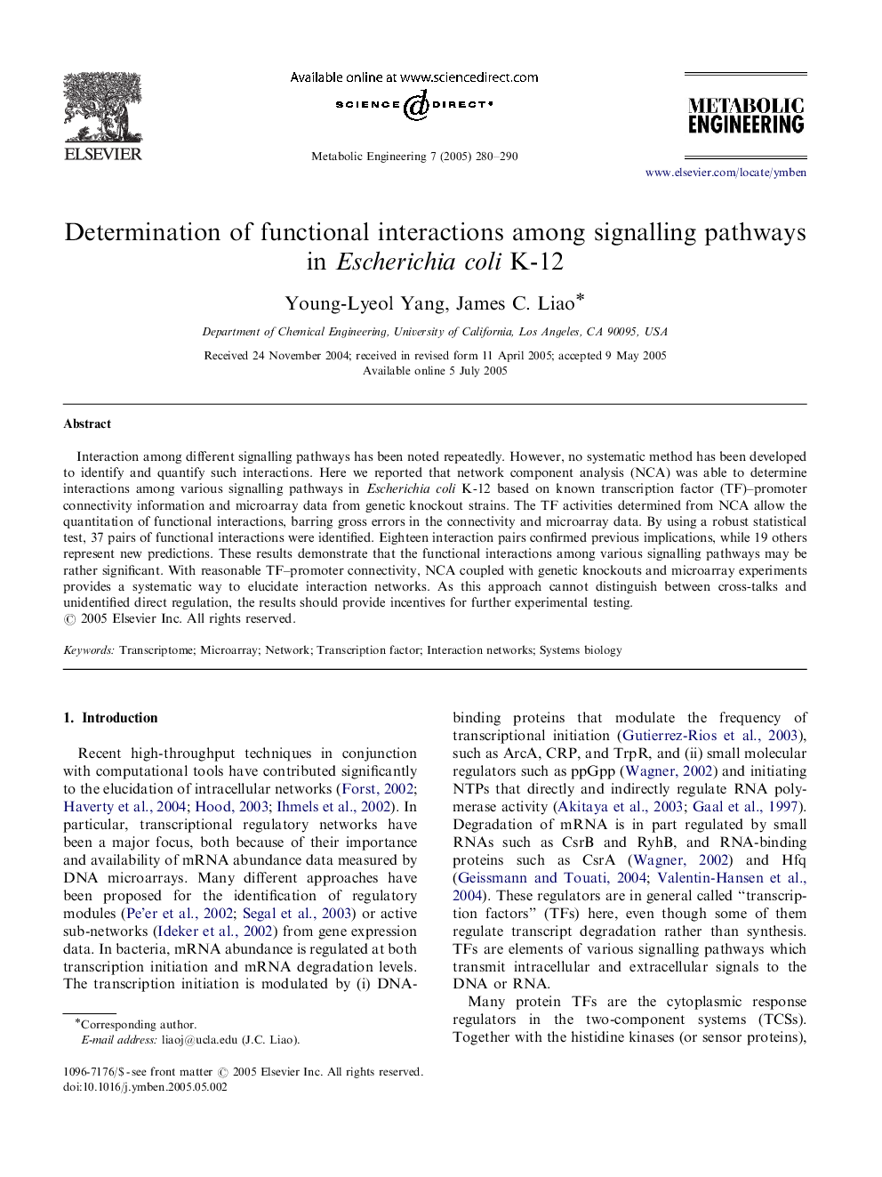 Determination of functional interactions among signalling pathways in Escherichia coli K-12