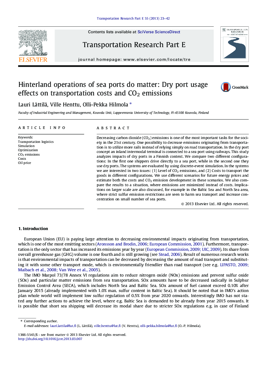 Hinterland operations of sea ports do matter: Dry port usage effects on transportation costs and CO2 emissions