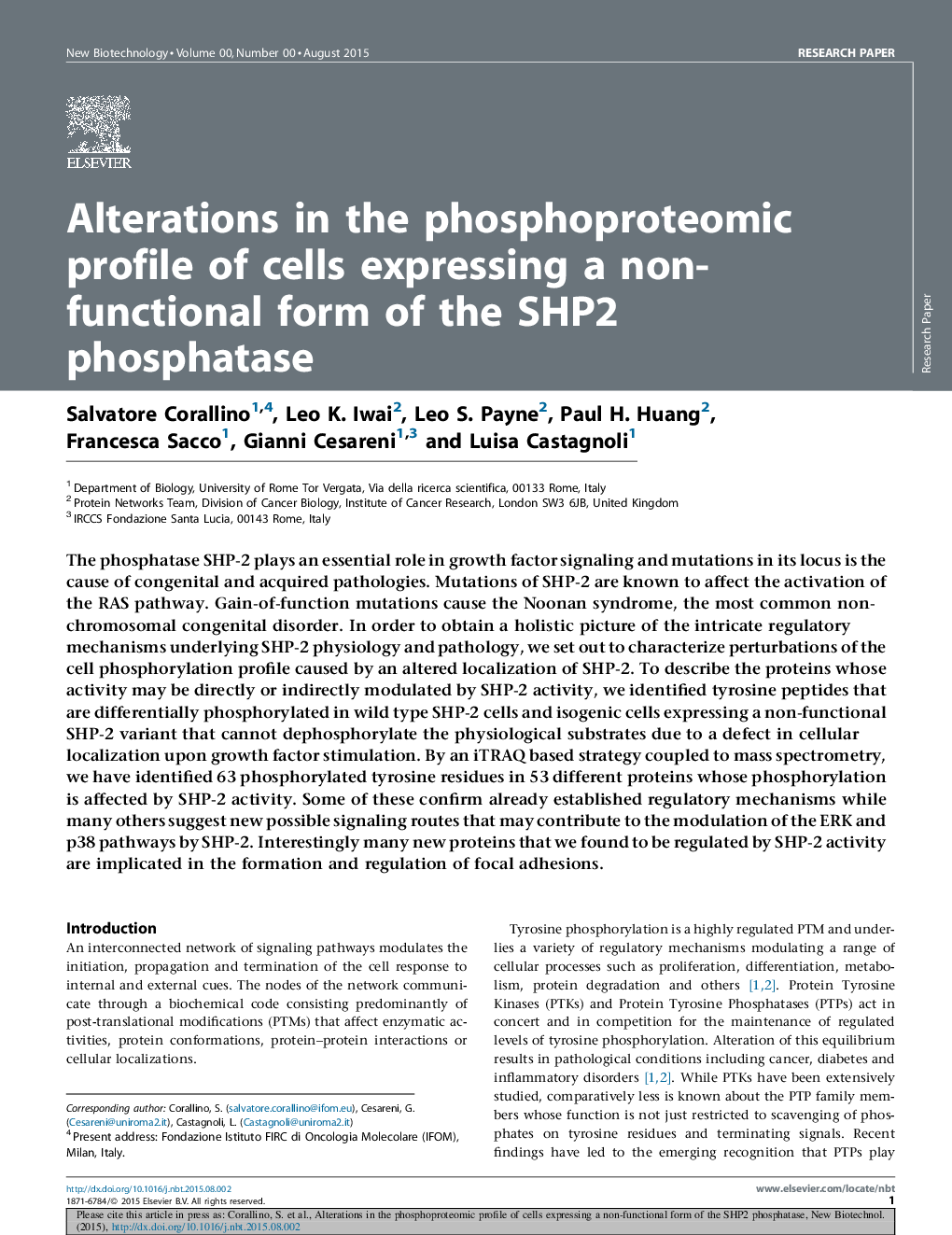 Alterations in the phosphoproteomic profile of cells expressing a non-functional form of the SHP2 phosphatase