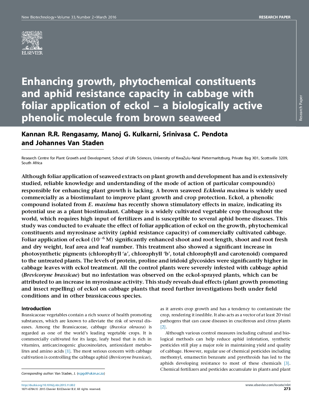 Enhancing growth, phytochemical constituents and aphid resistance capacity in cabbage with foliar application of eckol - a biologically active phenolic molecule from brown seaweed