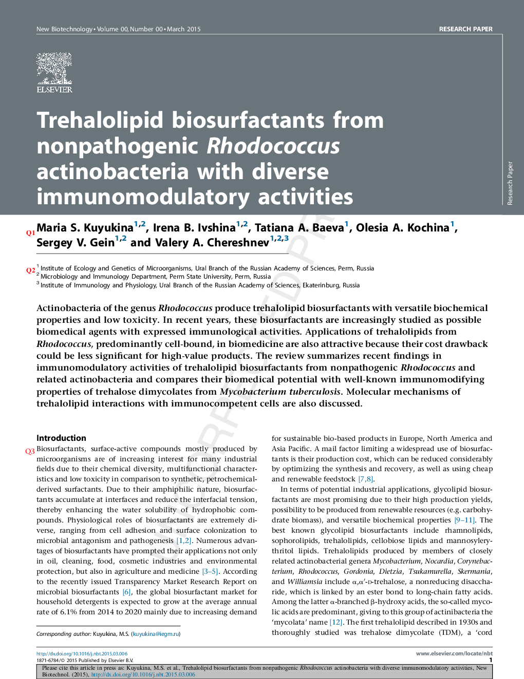 Trehalolipid biosurfactants from nonpathogenic Rhodococcus actinobacteria with diverse immunomodulatory activities