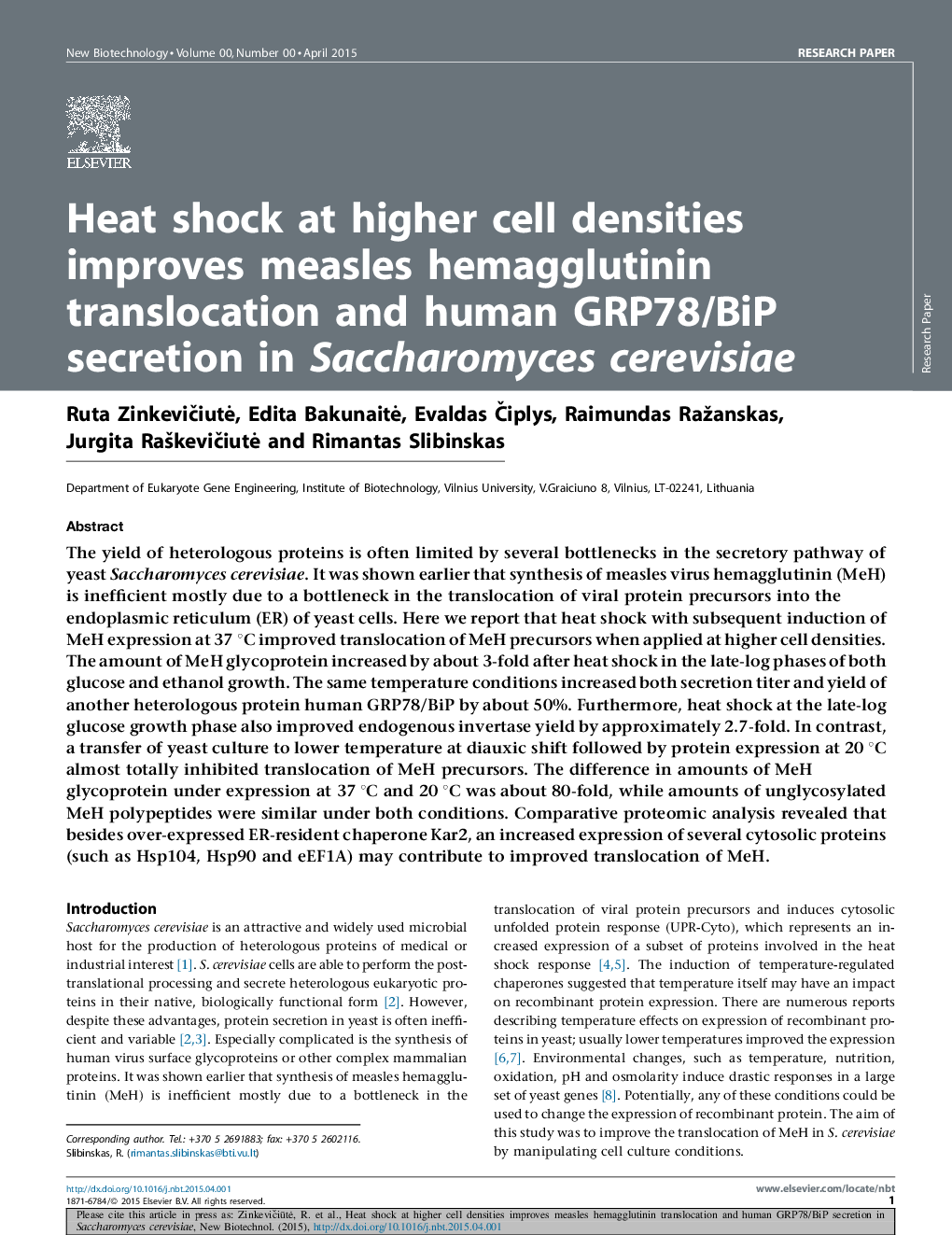 Heat shock at higher cell densities improves measles hemagglutinin translocation and human GRP78/BiP secretion in Saccharomyces cerevisiae