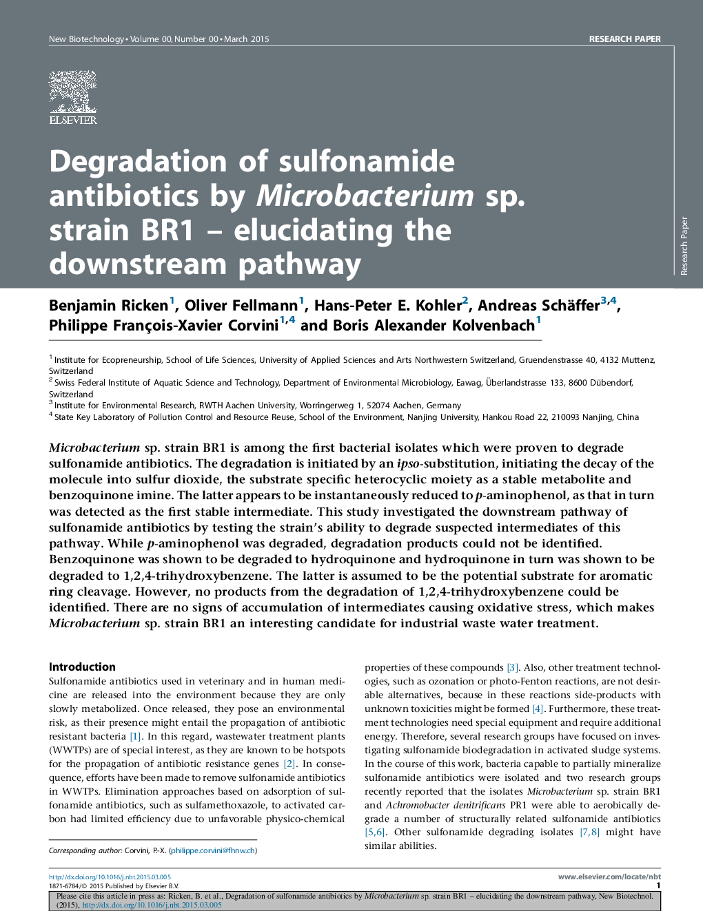 Degradation of sulfonamide antibiotics by Microbacterium sp. strain BR1 - elucidating the downstream pathway