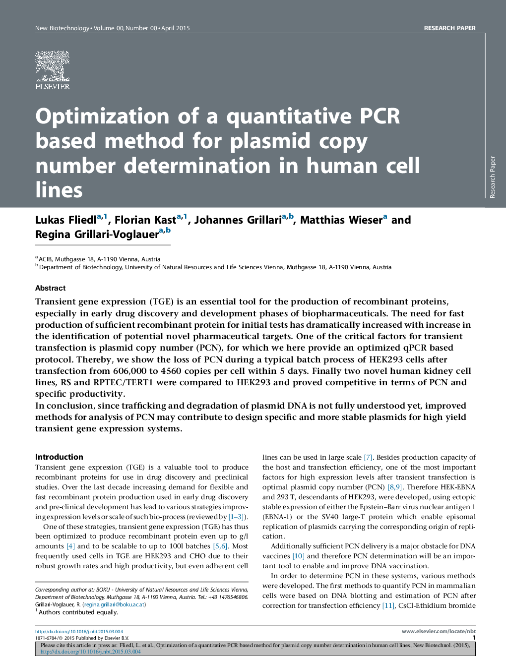 Optimization of a quantitative PCR based method for plasmid copy number determination in human cell lines