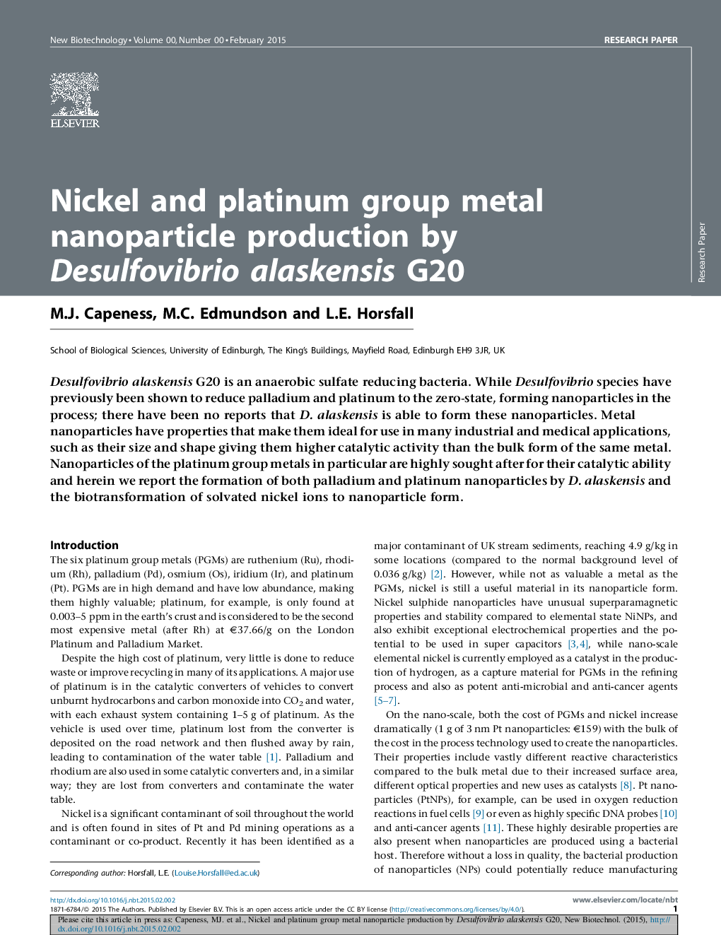 Nickel and platinum group metal nanoparticle production by Desulfovibrio alaskensis G20
