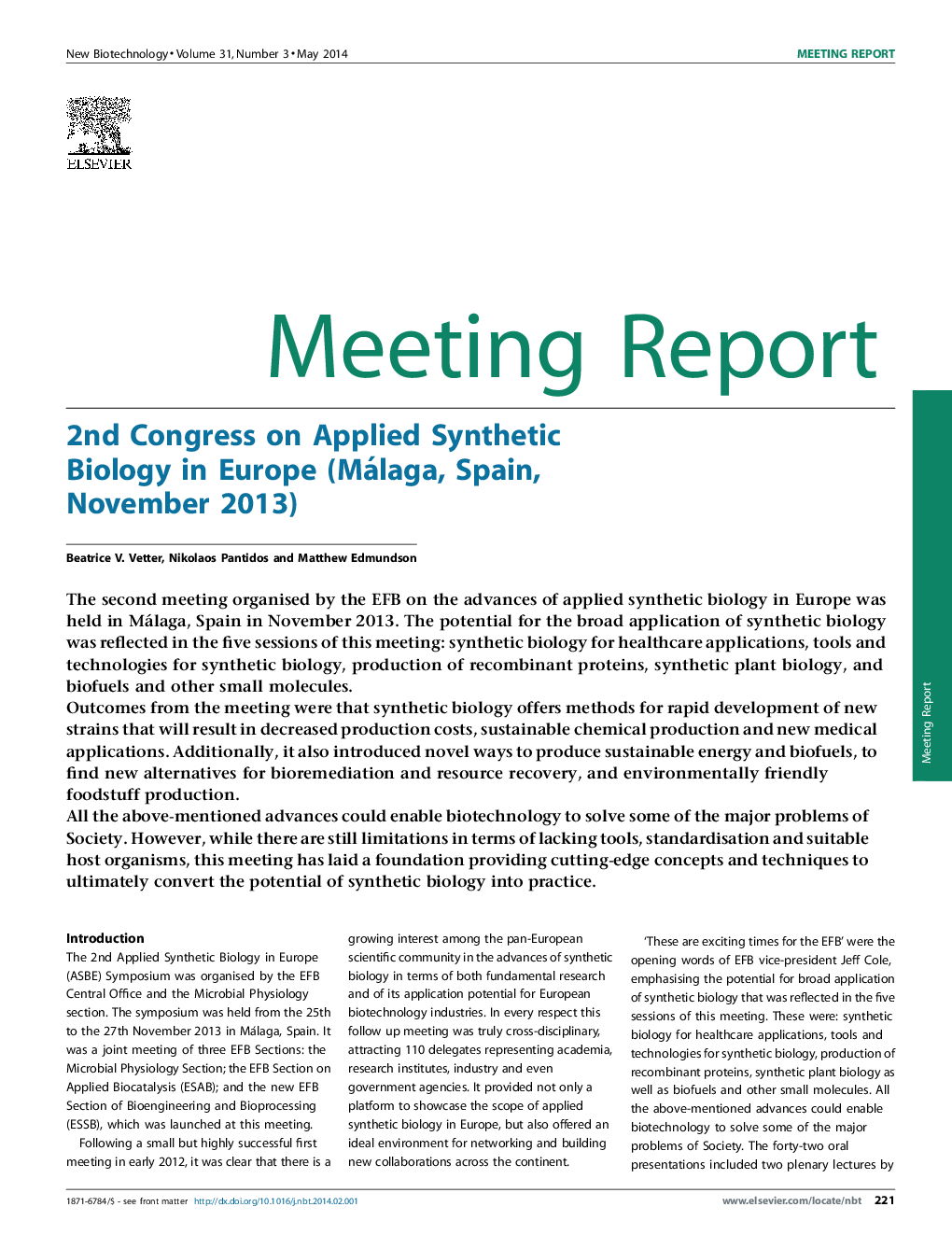 عکس صفحه اول مقاله: 2nd Congress on Applied Synthetic Biology in Europe (Málaga, Spain, November 2013) 2nd Congress on Applied Synthetic Biology in Europe (Málaga, Spain, November 2013)