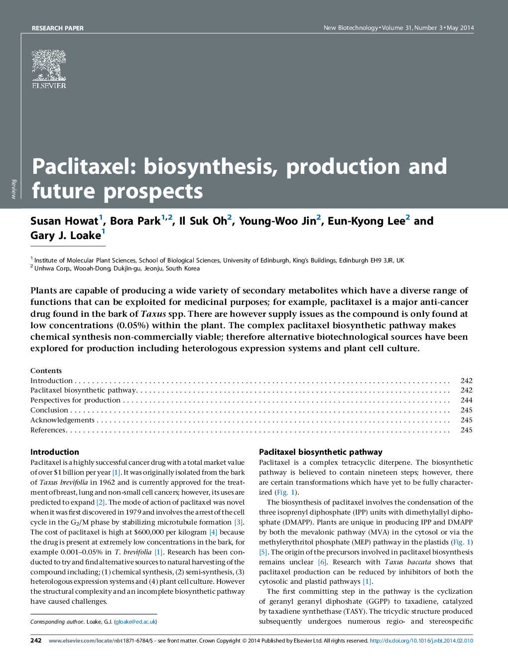 Paclitaxel: biosynthesis, production and future prospects