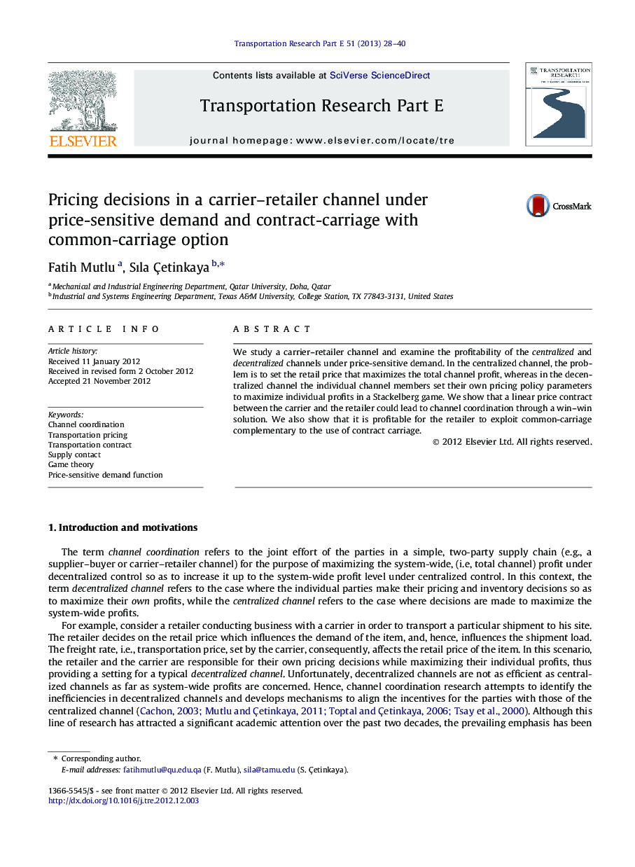 Pricing decisions in a carrier–retailer channel under price-sensitive demand and contract-carriage with common-carriage option