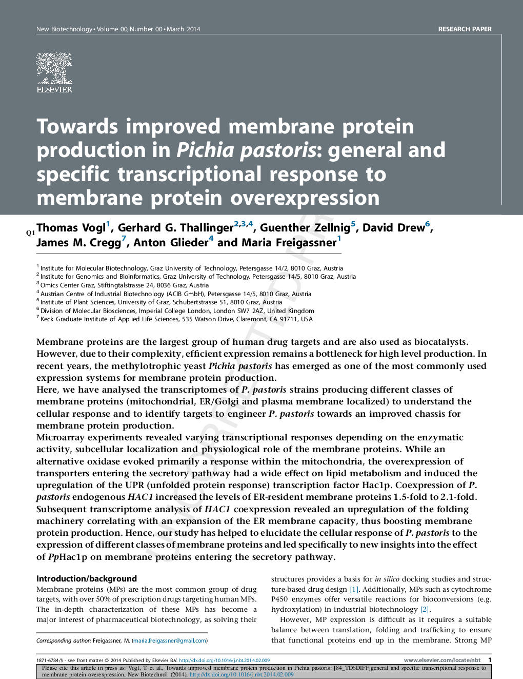 عکس صفحه اول مقاله: Towards improved membrane protein production in Pichia pastoris: General and specific transcriptional response to membrane protein overexpression Towards improved membrane protein production in Pichia pastoris: General and specific transcriptional response to membrane protein overexpression