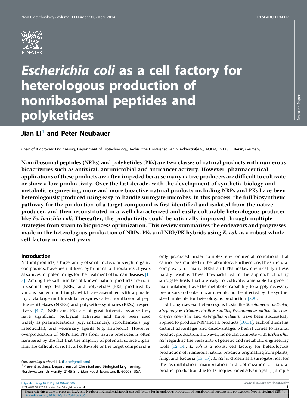 عکس صفحه اول مقاله: Escherichia coli as a cell factory for heterologous production of nonribosomal peptides and polyketides Escherichia coli as a cell factory for heterologous production of nonribosomal peptides and polyketides