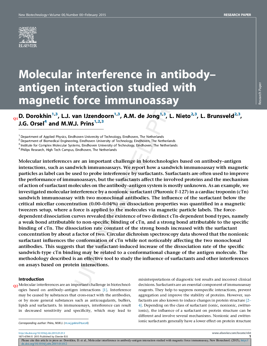 تداخل مولکولی در تعامل آنتی بادی-آنتی ژن با ایمنی آزمایش نیروی مغناطیسی مورد مطالعه قرار گرفت 