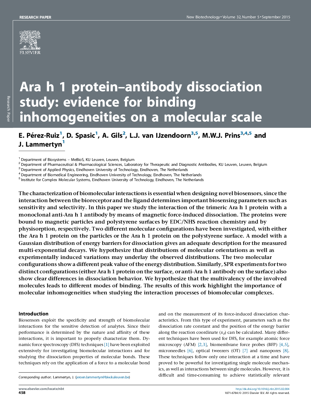 عکس صفحه اول مقاله: Ara h 1 protein-antibody dissociation study: evidence for binding inhomogeneities on a molecular scale Ara h 1 protein-antibody dissociation study: evidence for binding inhomogeneities on a molecular scale