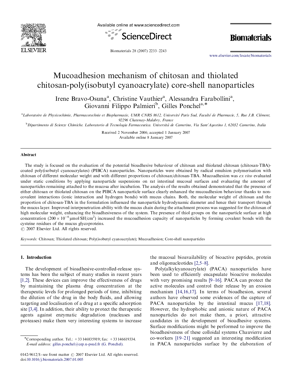 Mucoadhesion mechanism of chitosan and thiolated chitosan-poly(isobutyl cyanoacrylate) core-shell nanoparticles