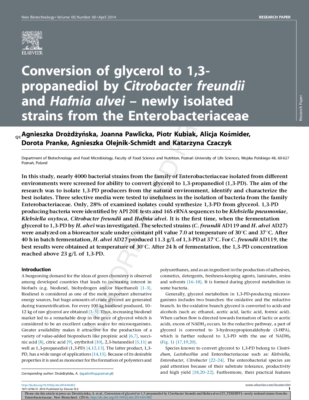 Conversion of glycerol to 1,3-propanediol by Citrobacter freundii and Hafnia alvei - newly isolated strains from the Enterobacteriaceae