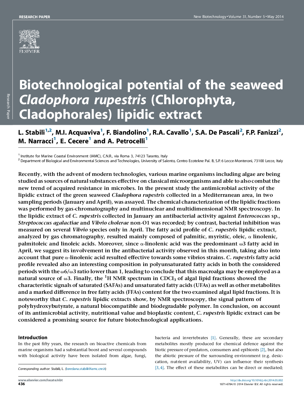 Biotechnological potential of the seaweed Cladophora rupestris (Chlorophyta, Cladophorales) lipidic extract