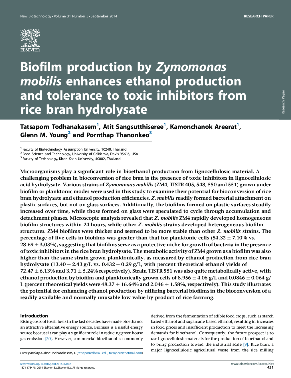 Biofilm production by Zymomonas mobilis enhances ethanol production and tolerance to toxic inhibitors from rice bran hydrolysate