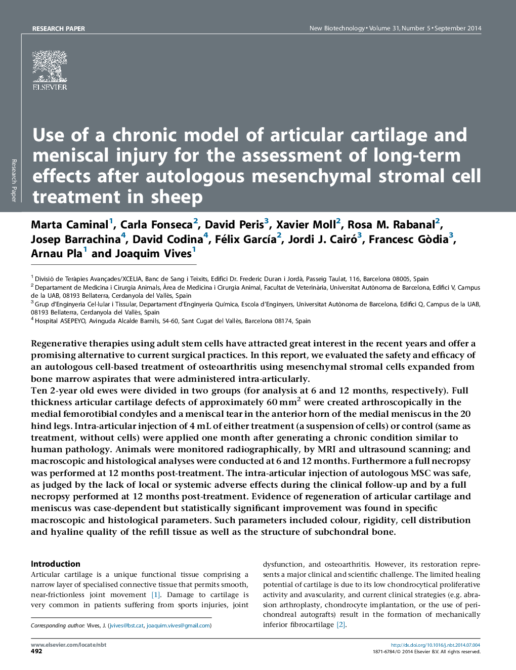 Use of a chronic model of articular cartilage and meniscal injury for the assessment of long-term effects after autologous mesenchymal stromal cell treatment in sheep