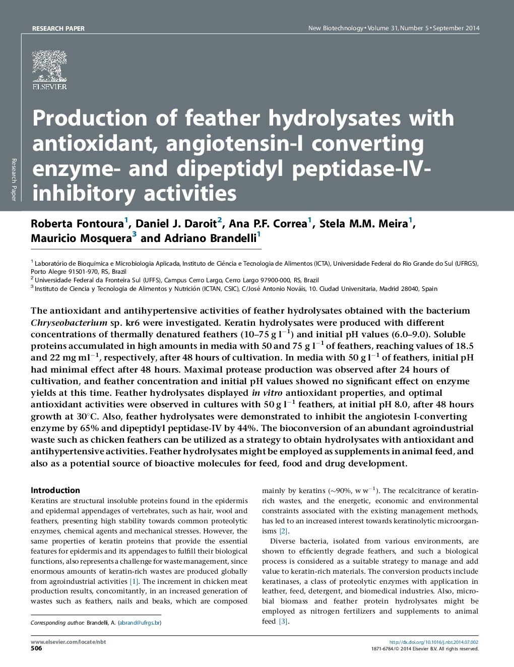 Production of feather hydrolysates with antioxidant, angiotensin-I converting enzyme- and dipeptidyl peptidase-IV-inhibitory activities