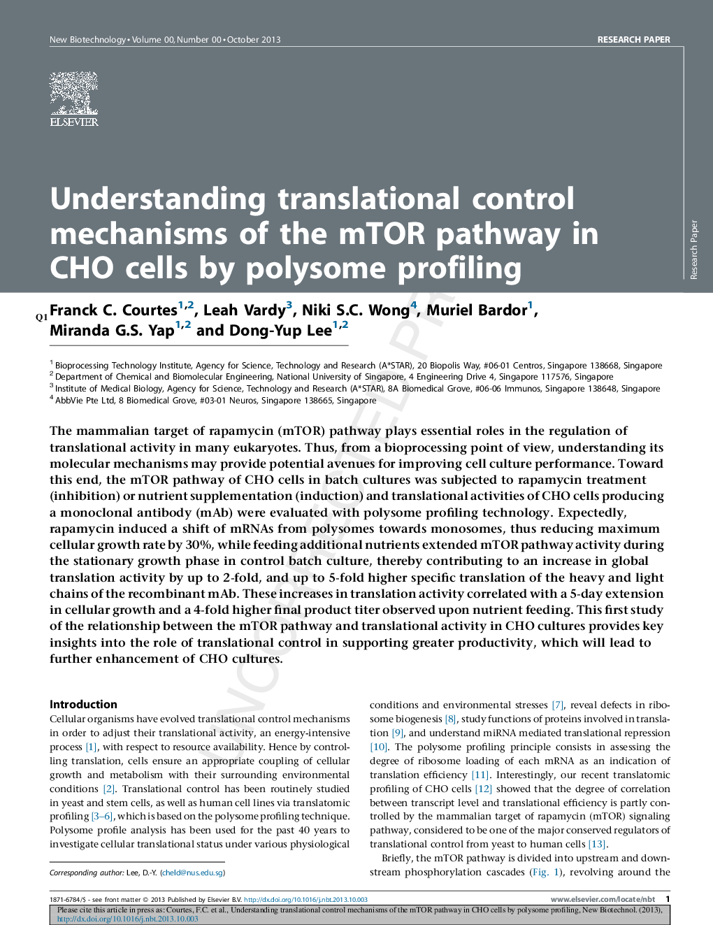 Understanding translational control mechanisms of the mTOR pathway in CHO cells by polysome profiling