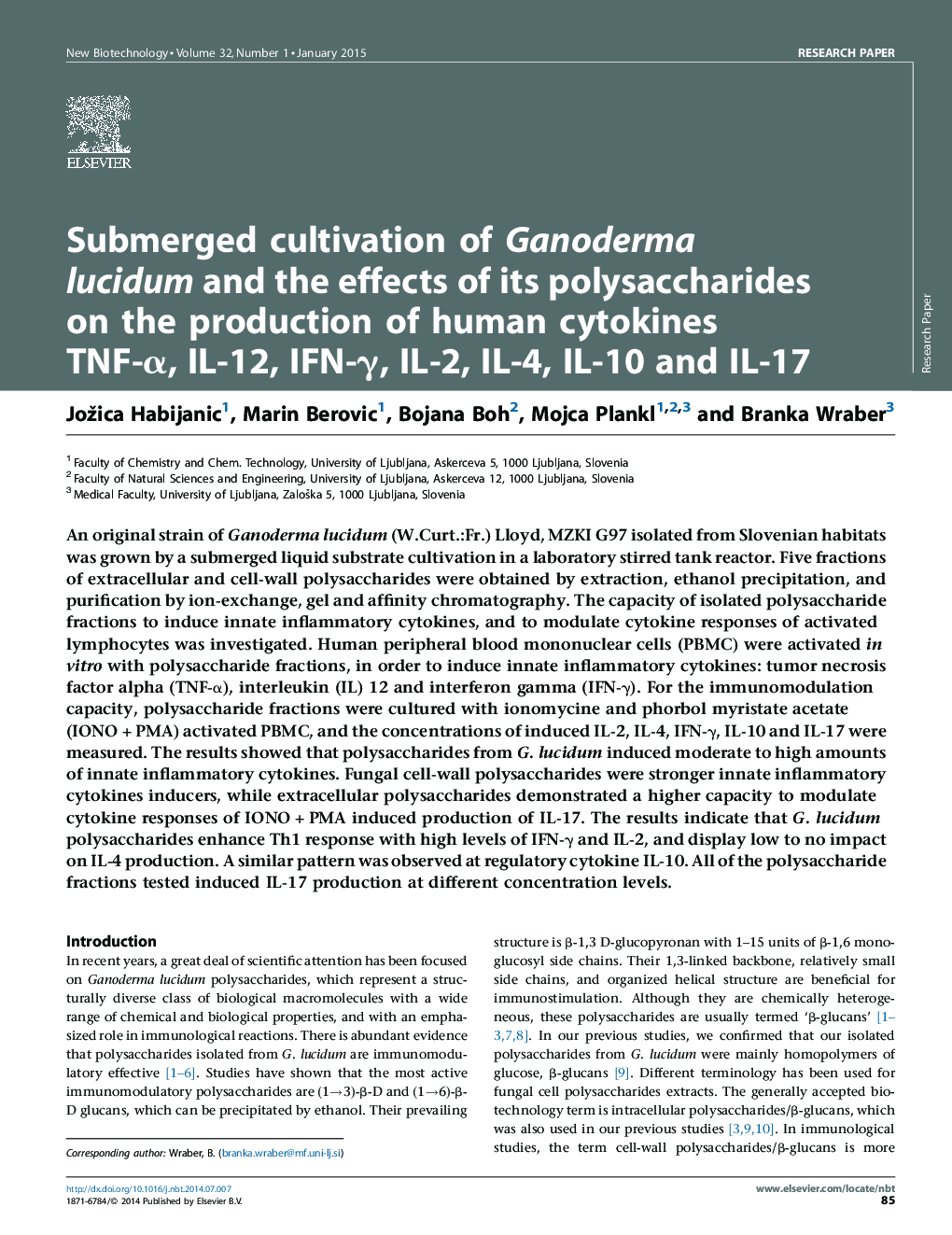 عکس صفحه اول مقاله: Submerged cultivation of Ganoderma lucidum and the effects of its polysaccharides on the production of human cytokines TNF-α, IL-12, IFN-γ, IL-2, IL-4, IL-10 and IL-17 Submerged cultivation of Ganoderma lucidum and the effects of its polysaccharides on the production of human cytokines TNF-α, IL-12, IFN-γ, IL-2, IL-4, IL-10 and IL-17