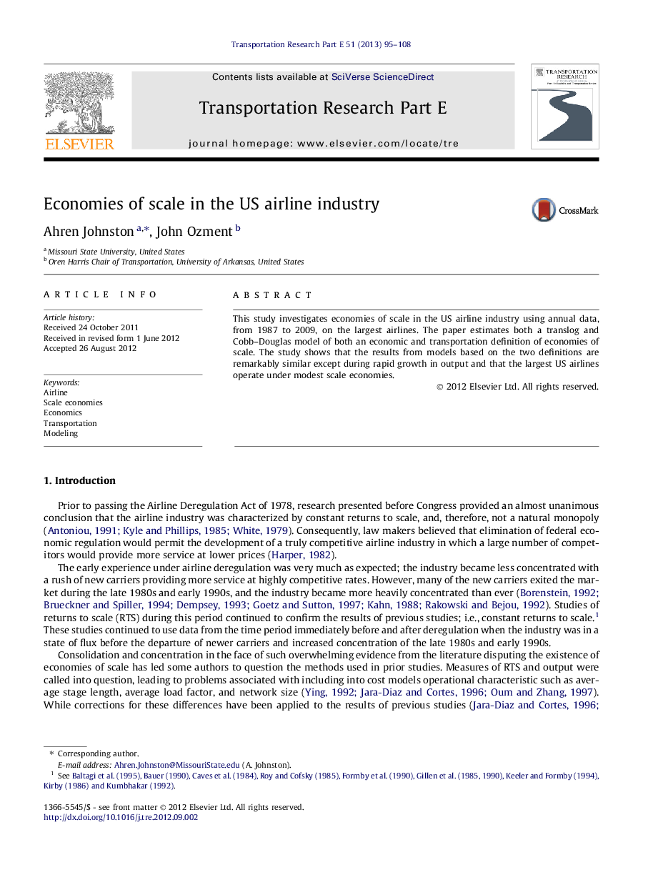 Economies of scale in the US airline industry