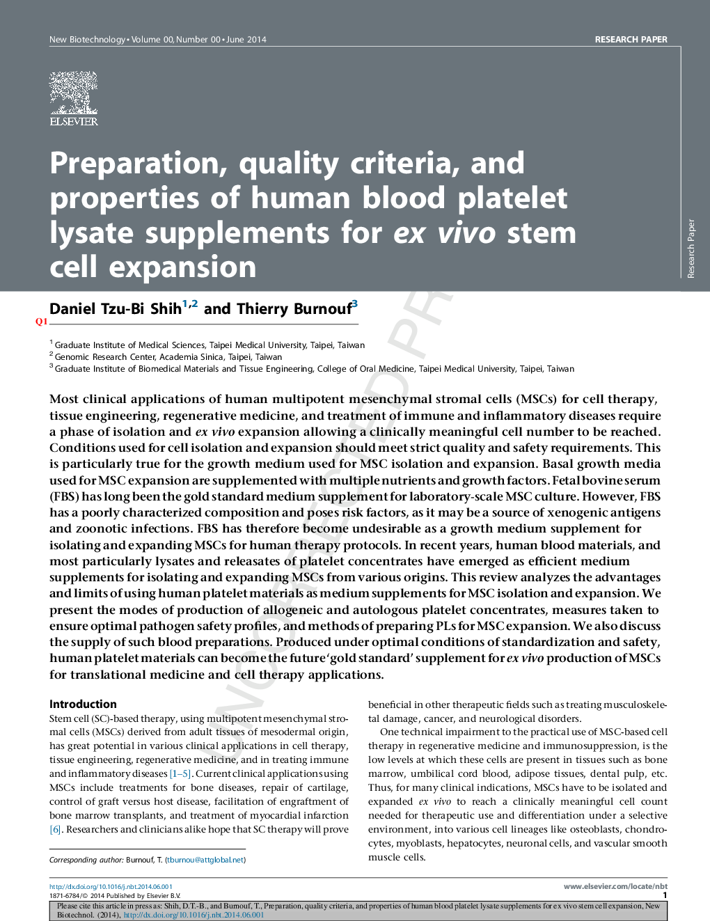 عکس صفحه اول مقاله: Preparation, quality criteria, and properties of human blood platelet lysate supplements for ex vivo stem cell expansion Preparation, quality criteria, and properties of human blood platelet lysate supplements for ex vivo stem cell expansion