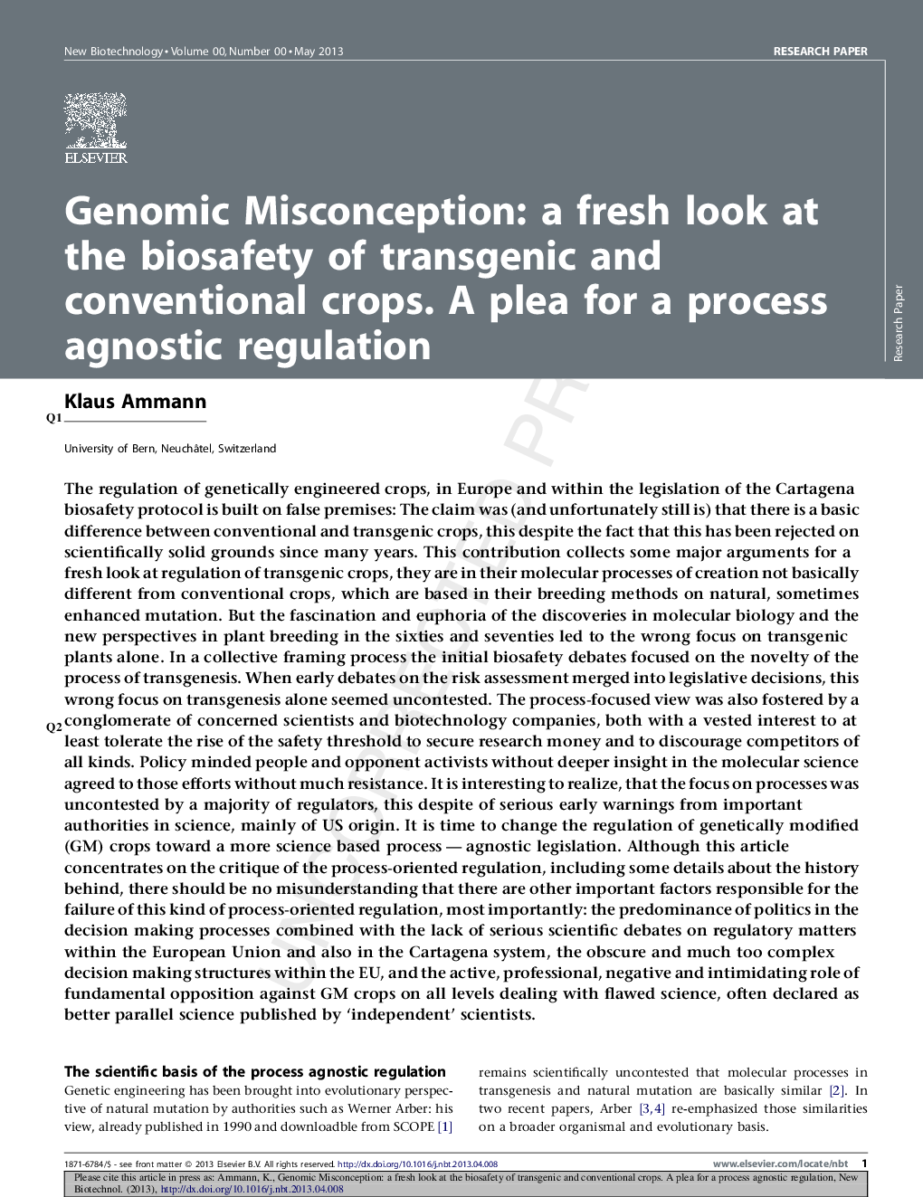 عکس صفحه اول مقاله: Genomic Misconception: a fresh look at the biosafety of transgenic and conventional crops. A plea for a process agnostic regulation Genomic Misconception: a fresh look at the biosafety of transgenic and conventional crops. A plea for a process agnostic regulation