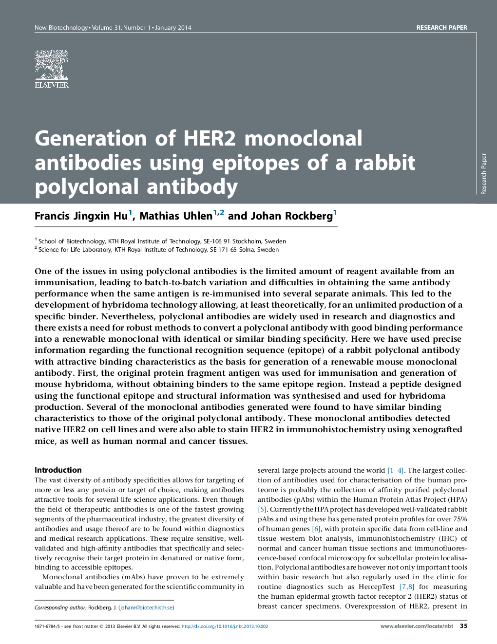 عکس صفحه اول مقاله: Generation of HER2 monoclonal antibodies using epitopes of a rabbit polyclonal antibody Generation of HER2 monoclonal antibodies using epitopes of a rabbit polyclonal antibody