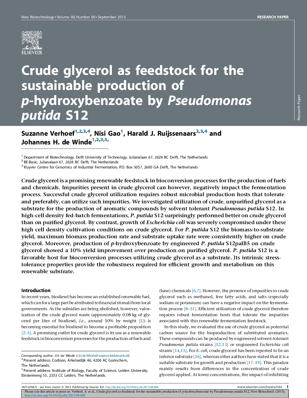 Crude glycerol as feedstock for the sustainable production of p-hydroxybenzoate by Pseudomonas putida S12