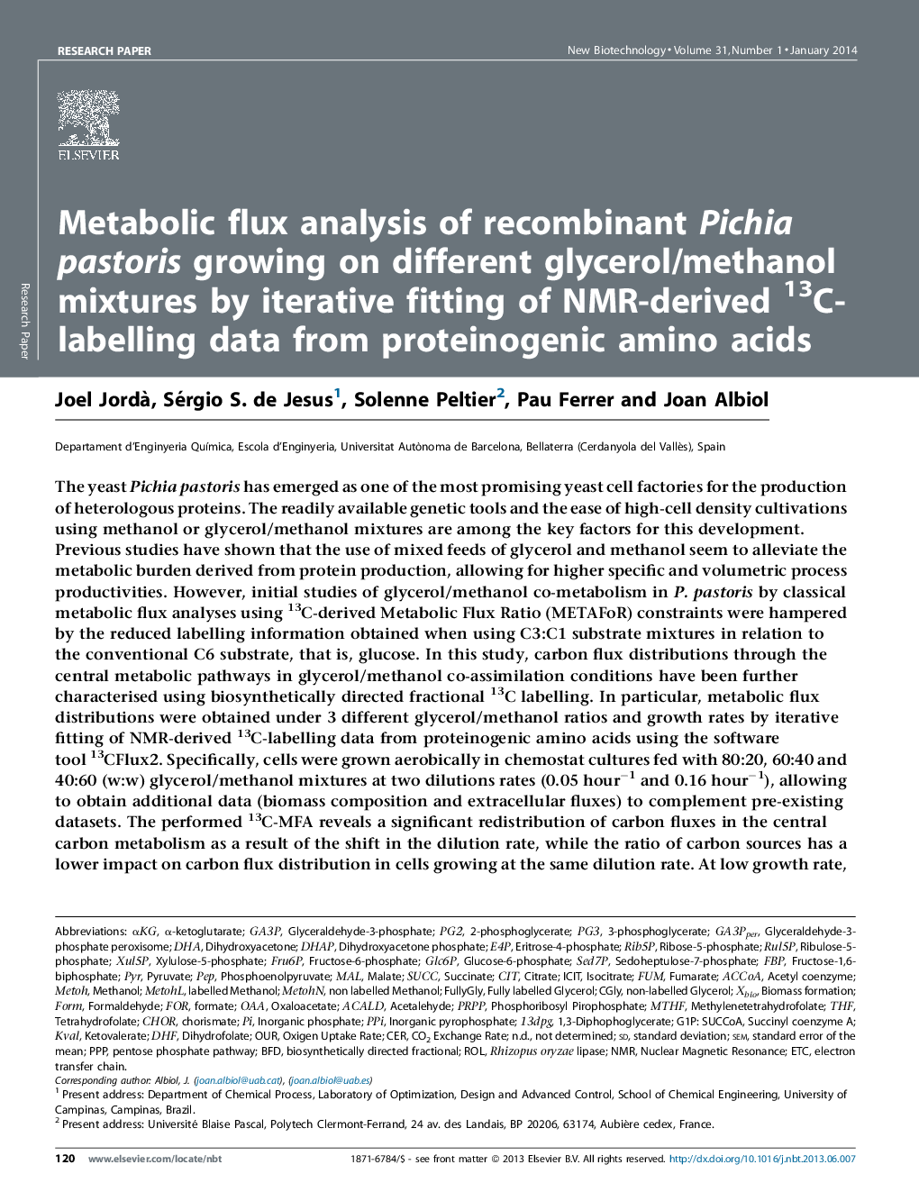 Metabolic flux analysis of recombinant Pichia pastoris growing on different glycerol/methanol mixtures by iterative fitting of NMR-derived 13C-labelling data from proteinogenic amino acids