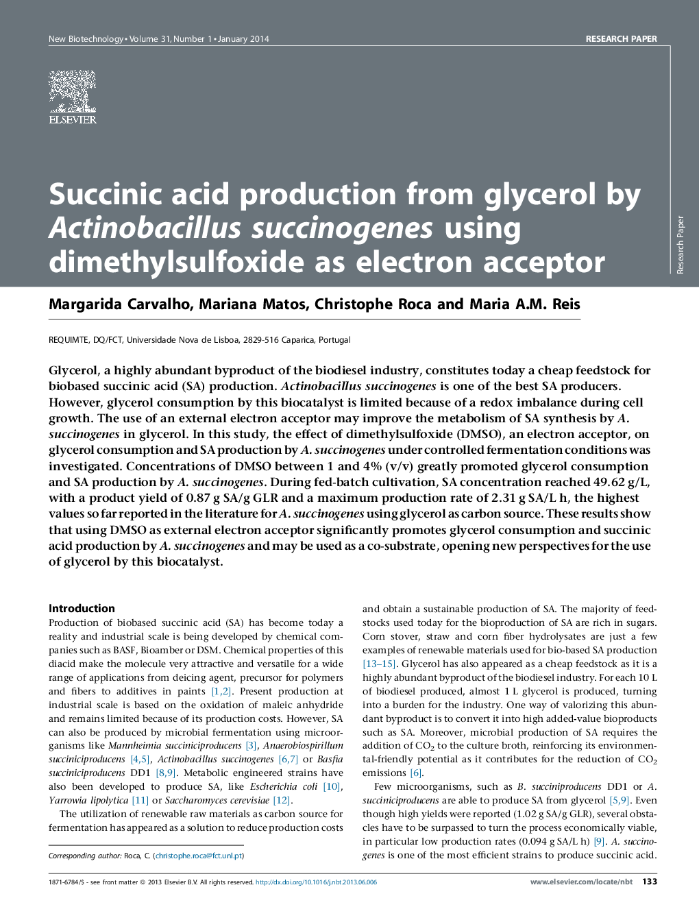 Succinic acid production from glycerol by Actinobacillus succinogenes using dimethylsulfoxide as electron acceptor